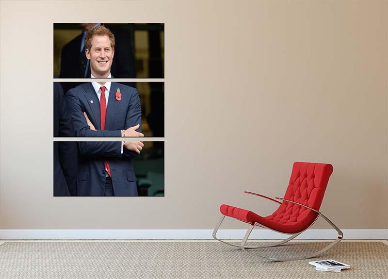 A stunning 3-panel canvas print featuring Prince Harry at the Rugby International, showcasing vibrant colors and dynamic design.