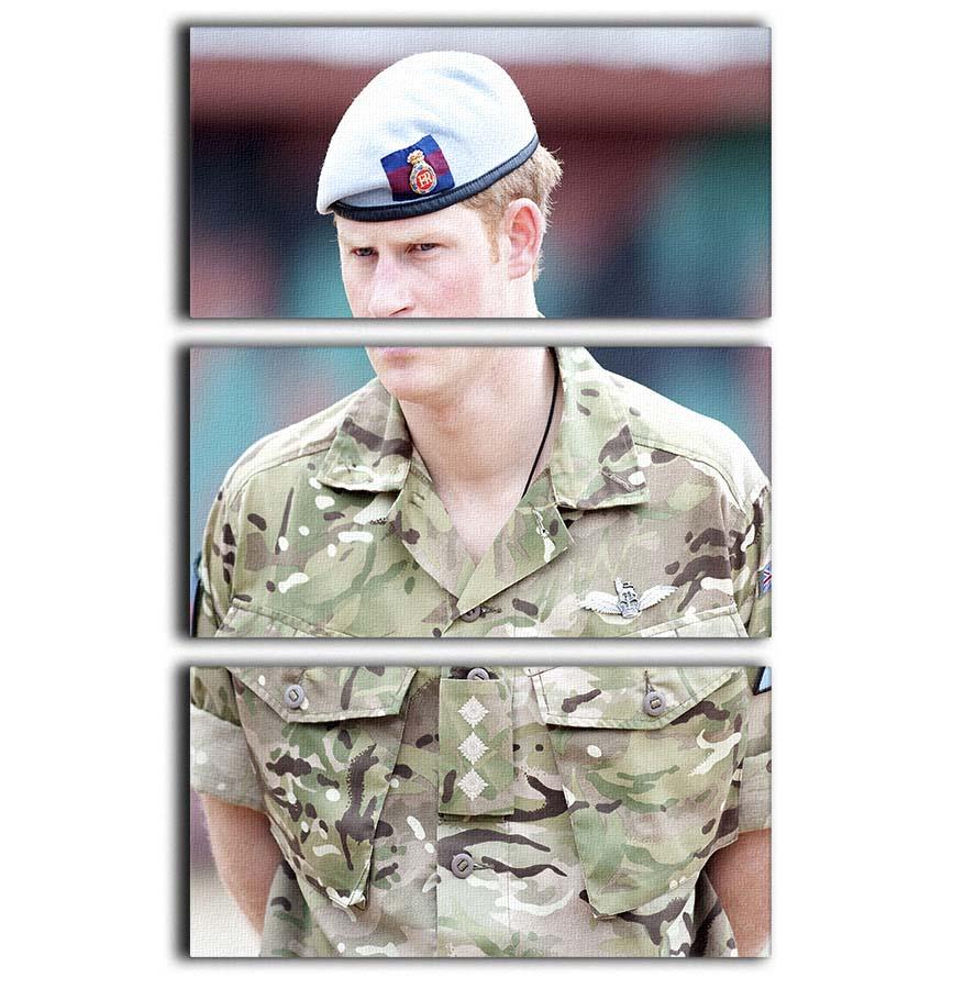 Three-panel canvas art featuring Prince Harry in uniform during a tour of Jamaica, showcasing vibrant colors and detailed imagery.