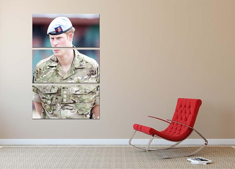 Three-panel canvas art featuring Prince Harry in uniform during a tour of Jamaica, showcasing vibrant colors and detailed imagery.