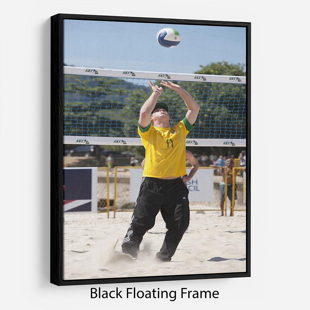 Abstract wall art featuring Prince Harry playing volleyball in Rio de Janeiro, Brazil, framed in an elegant floating frame.