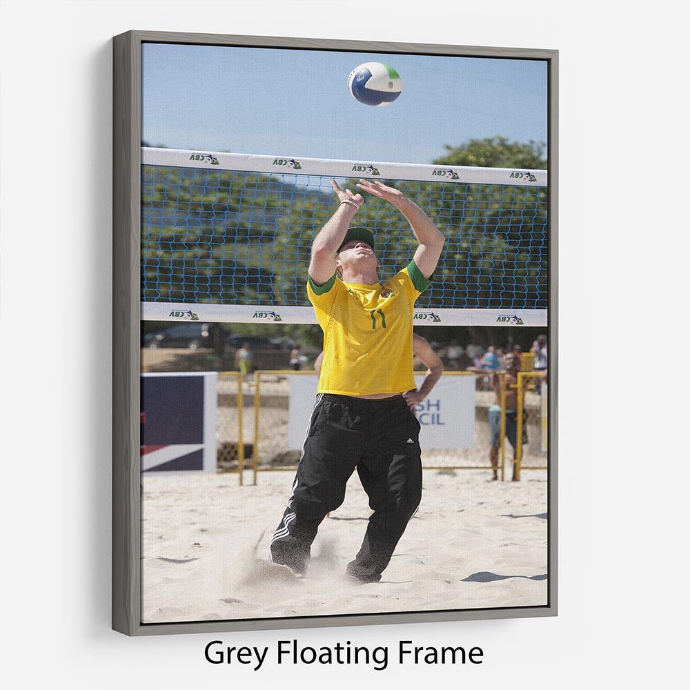 Abstract wall art featuring Prince Harry playing volleyball in Rio de Janeiro, Brazil, framed in an elegant floating frame.