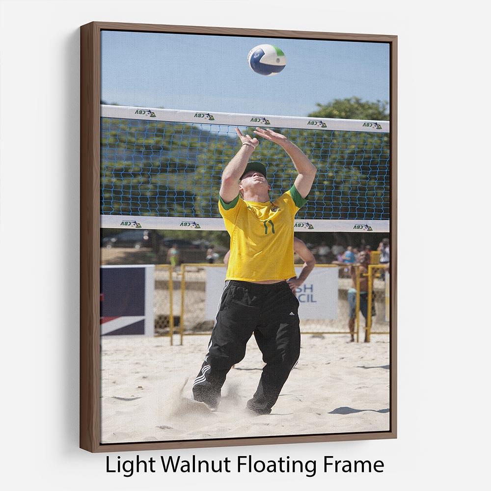 Abstract wall art featuring Prince Harry playing volleyball in Rio de Janeiro, Brazil, framed in an elegant floating frame.