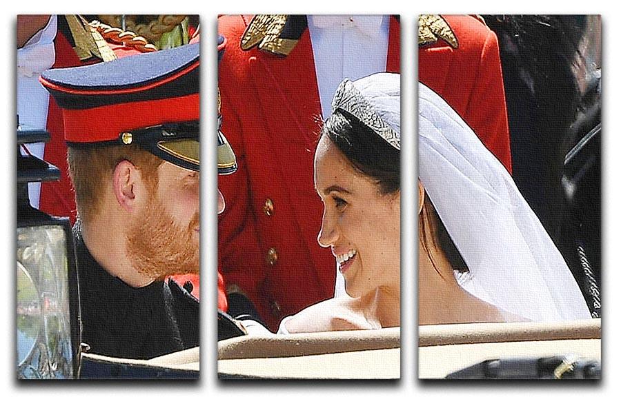 A beautiful 3-panel canvas print featuring Prince Harry smiling at Meghan, showcasing their love and elegance.