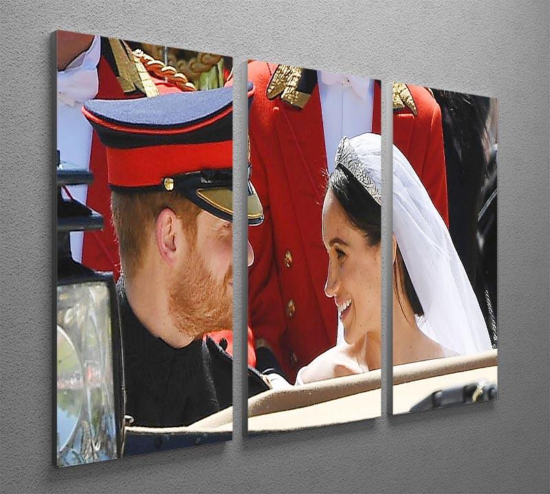 A beautiful 3-panel canvas print featuring Prince Harry smiling at Meghan, showcasing their love and elegance.