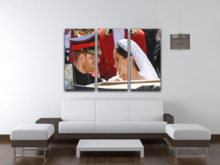 A beautiful 3-panel canvas print featuring Prince Harry smiling at Meghan, showcasing their love and elegance.