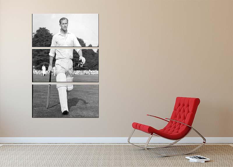Three-panel canvas art featuring Prince Philip as cricket captain in a charity match, showcasing vibrant colors and intricate details.