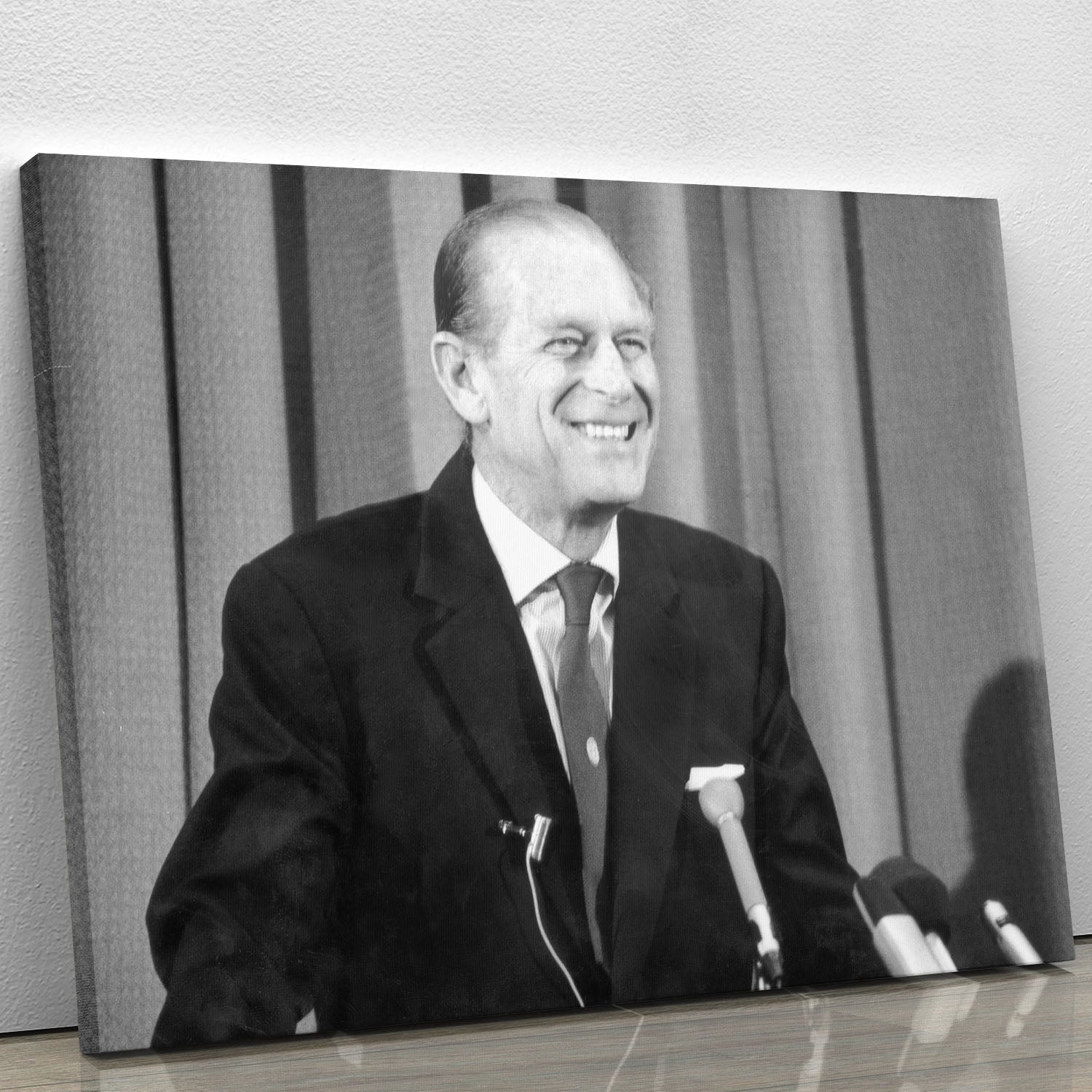 Canvas print of Prince Philip giving a lecture at Hudson Bay House, showcasing his charisma and elegance.