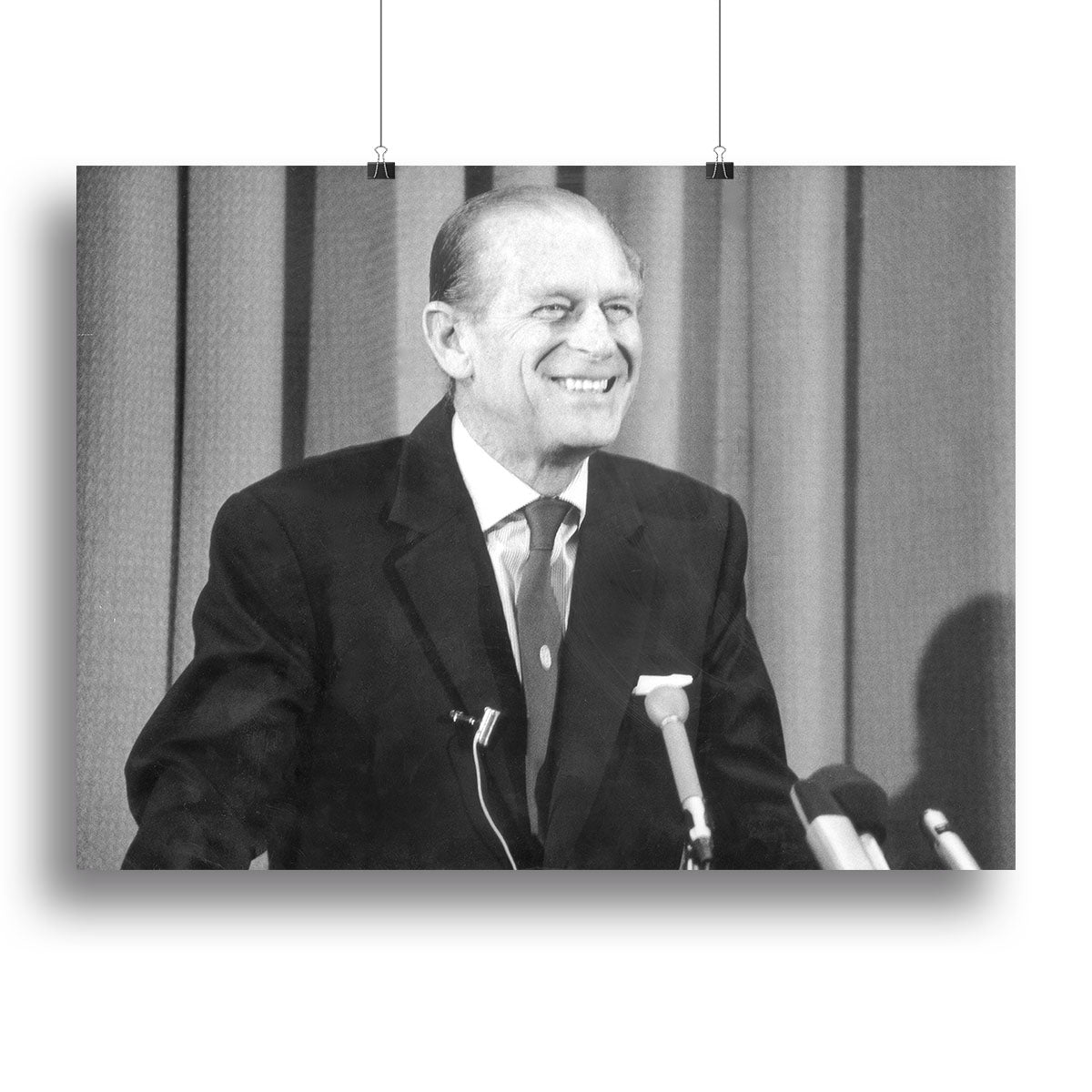 Canvas print of Prince Philip giving a lecture at Hudson Bay House, showcasing his charisma and elegance.