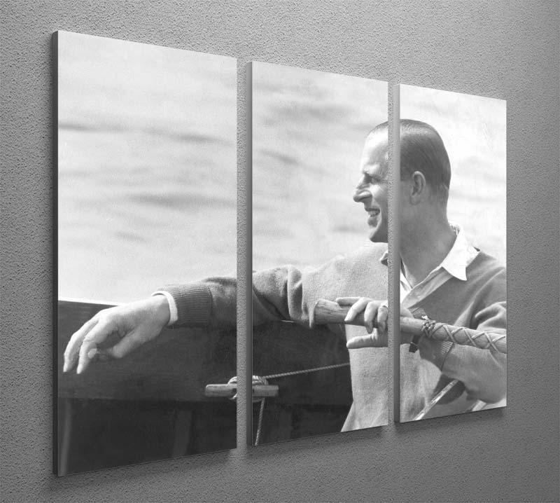 Three-panel canvas art depicting Prince Philip in a sailing race at Cowes Isle of Wight, showcasing vibrant colors and dynamic composition.
