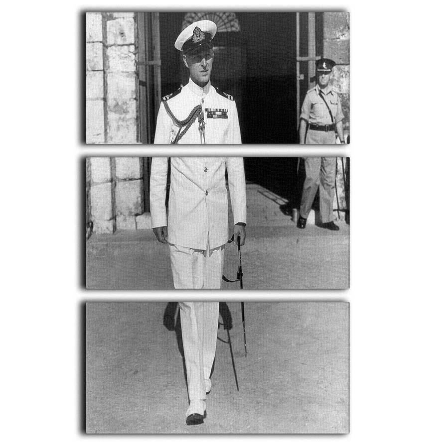 A stunning 3-panel canvas print featuring Prince Philip in naval uniform against a backdrop of Malta, showcasing elegance and historical significance.