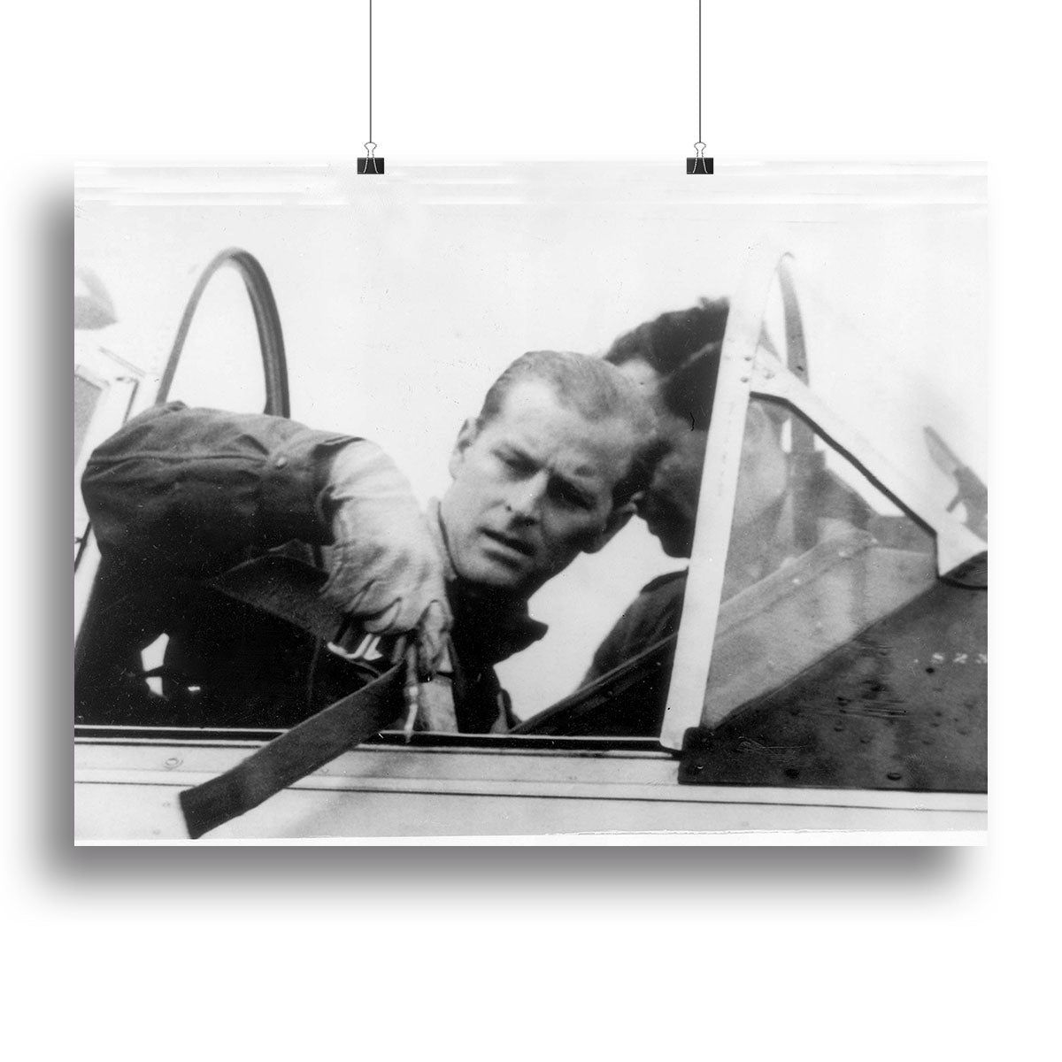 Canvas print of Prince Philip in the cockpit, showcasing his RAF Wings, capturing a moment of aviation history.