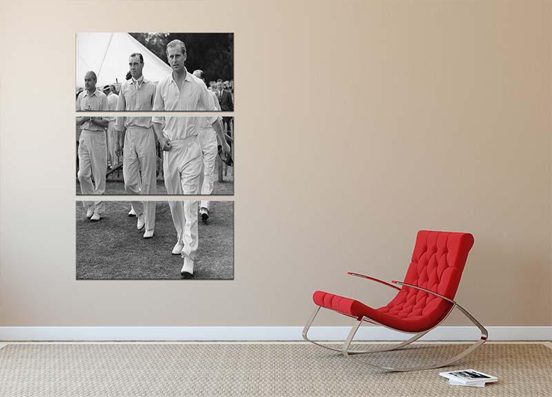 Three-panel canvas art featuring Prince Philip leading his cricket team onto the field, showcasing vibrant colors and detailed design.