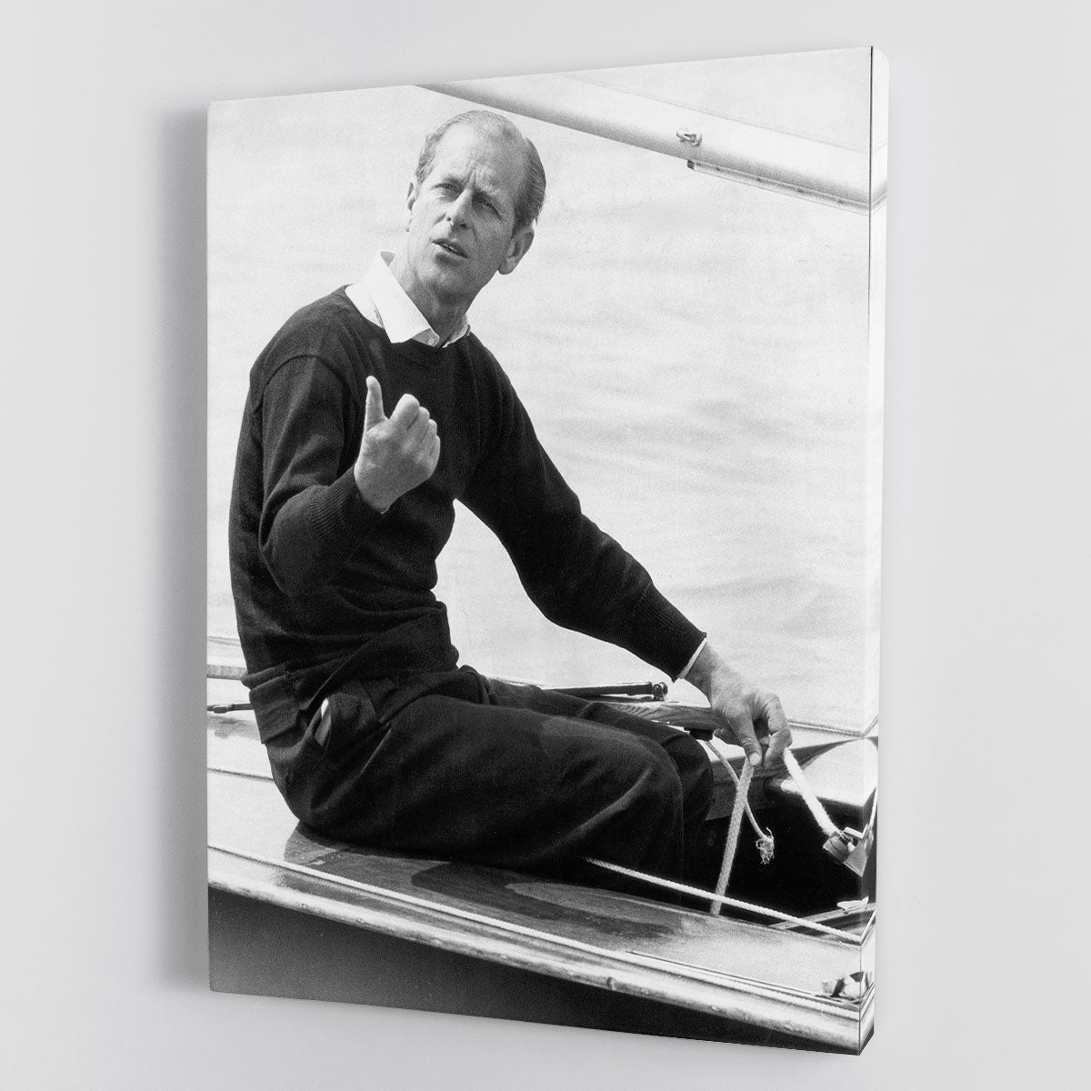 Canvas print of Prince Philip resting after racing at Cowes Isle of Wight, showcasing elegance and historical significance.