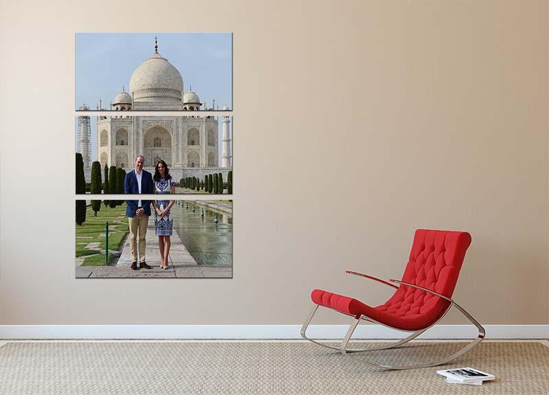 Three-panel canvas art featuring Prince William and Kate at the Taj Mahal, showcasing elegance and sophistication.
