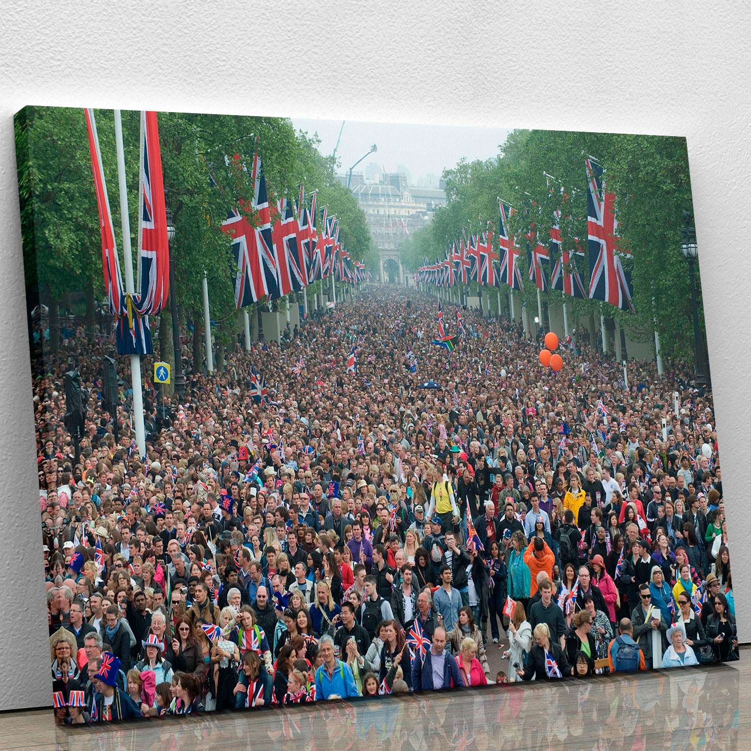 Canvas print depicting the crowds at Prince William and Kate's wedding on The Mall, showcasing vibrant colors and intricate details.