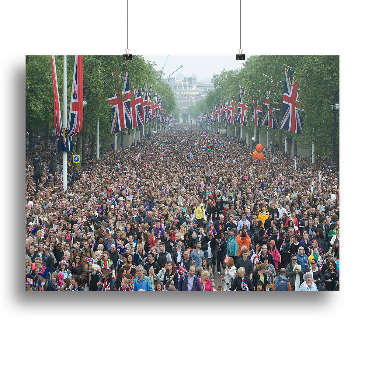 Canvas print depicting the crowds at Prince William and Kate's wedding on The Mall, showcasing vibrant colors and intricate details.