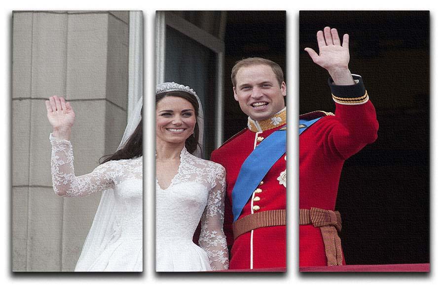 Three-panel canvas art featuring Prince William and Kate waving on their wedding day, elegantly displayed.