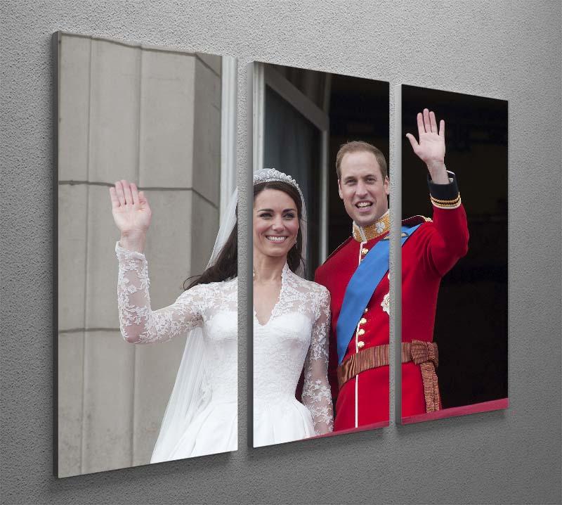 Three-panel canvas art featuring Prince William and Kate waving on their wedding day, elegantly displayed.