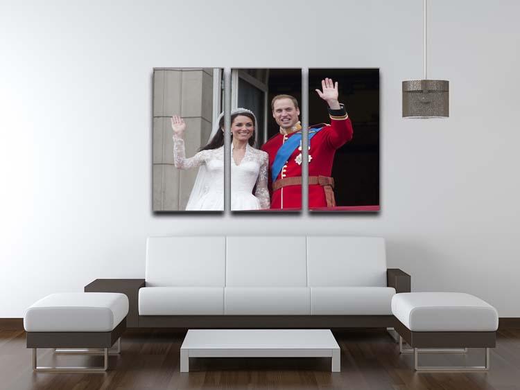 Three-panel canvas art featuring Prince William and Kate waving on their wedding day, elegantly displayed.