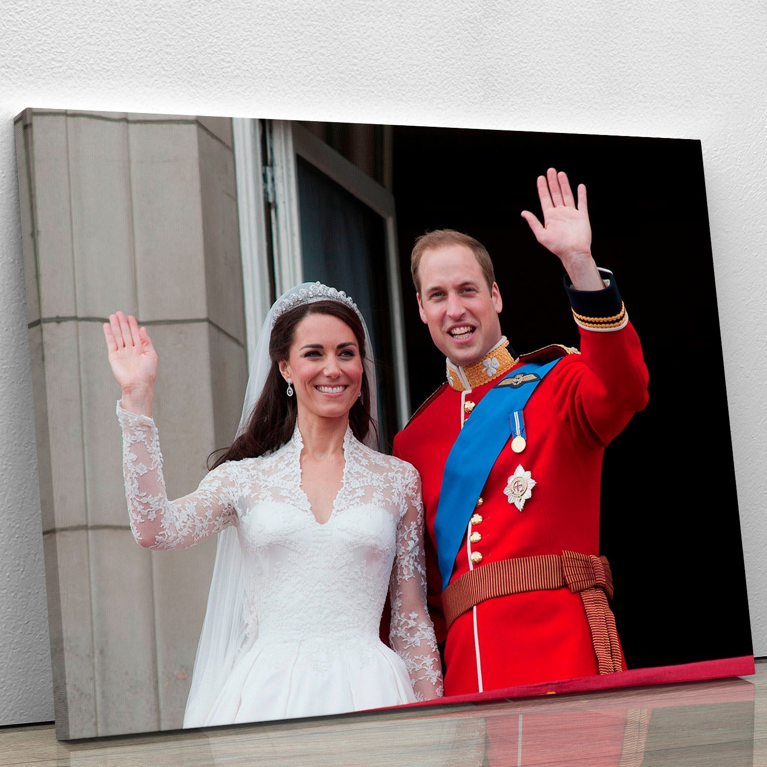 Canvas print of Prince William and Kate waving on their wedding day, capturing a joyful royal moment.
