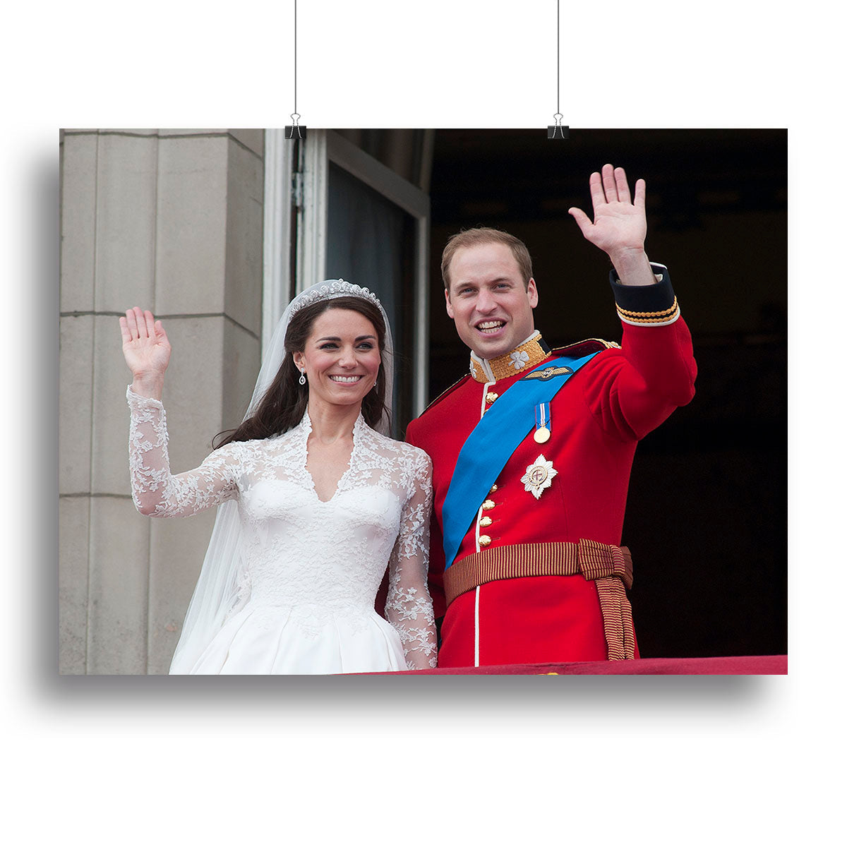 Canvas print of Prince William and Kate waving on their wedding day, capturing a joyful royal moment.