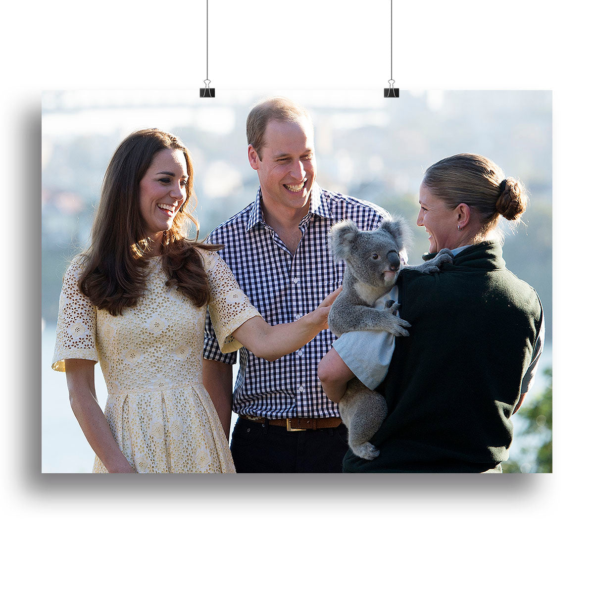 Canvas print of Prince William and Kate with a koala bear in Sydney, Australia, showcasing royal charm and nature's beauty.
