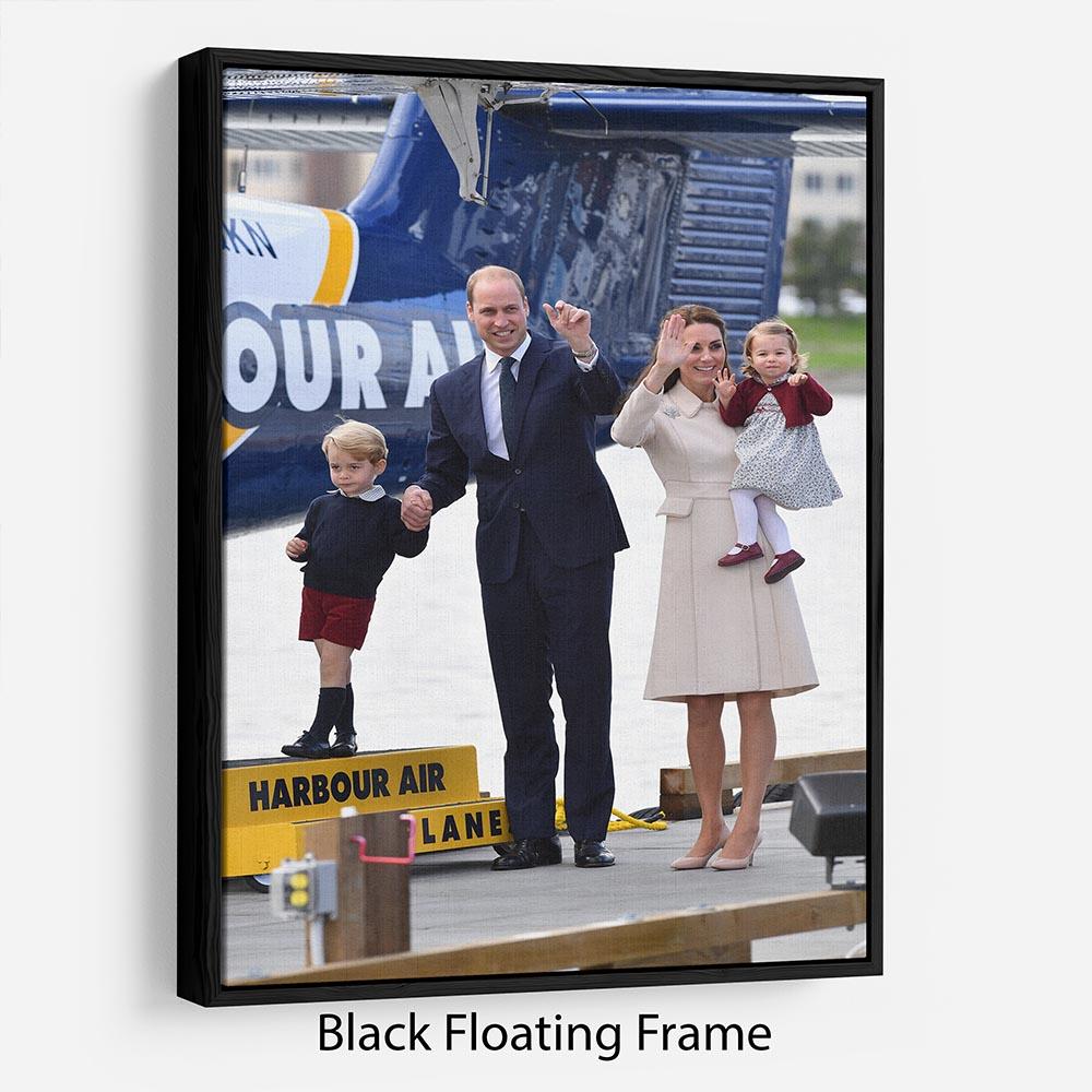 Abstract wall art featuring Prince William, Kate, George, and Charlotte in Canada, elegantly framed in a floating wooden frame.