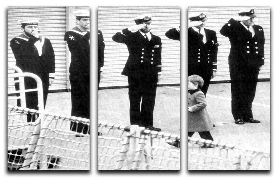 Three-panel canvas art featuring Prince William as a child visiting the Royal Navy, showcasing vibrant colors and intricate details.