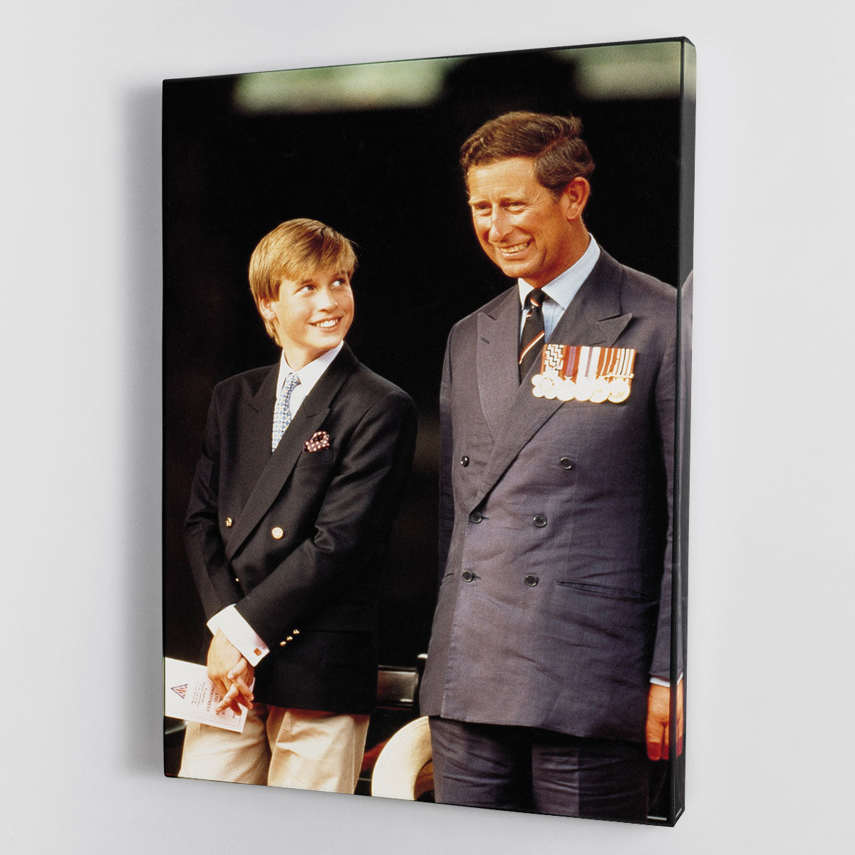 Canvas print featuring Prince William and Prince Charles at a VJ Parade, showcasing royal elegance and historical significance.