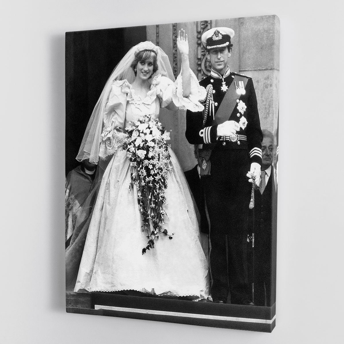 Canvas print of Princess Diana and Prince Charles on their wedding day at St. Paul's Cathedral, showcasing royal elegance.