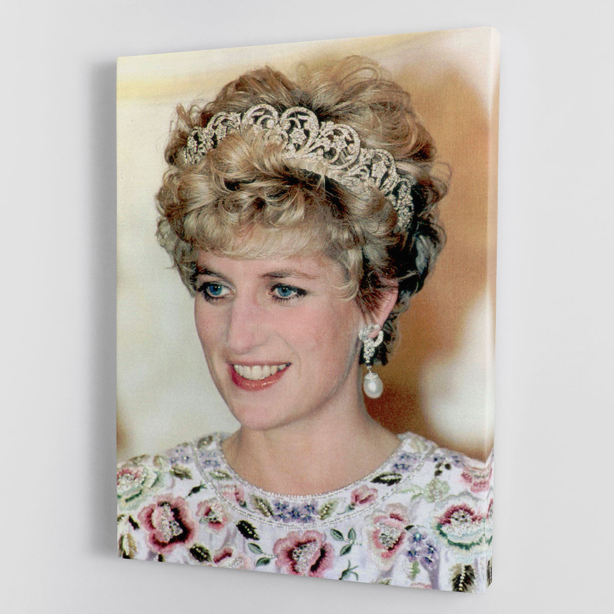 Canvas print of Princess Diana wearing a tiara at a dinner in Seoul, showcasing elegance and royal charm.