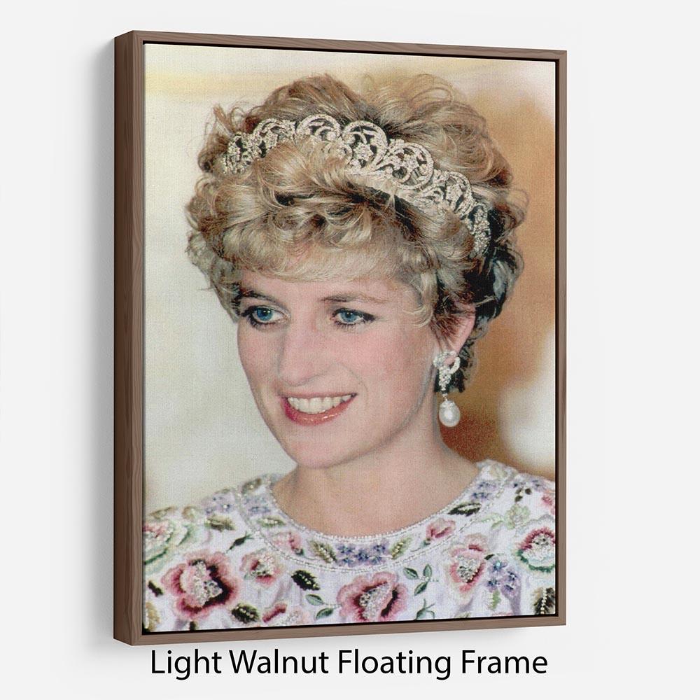 Princess Diana wearing a tiara at a dinner in Seoul, framed in an elegant floating frame.