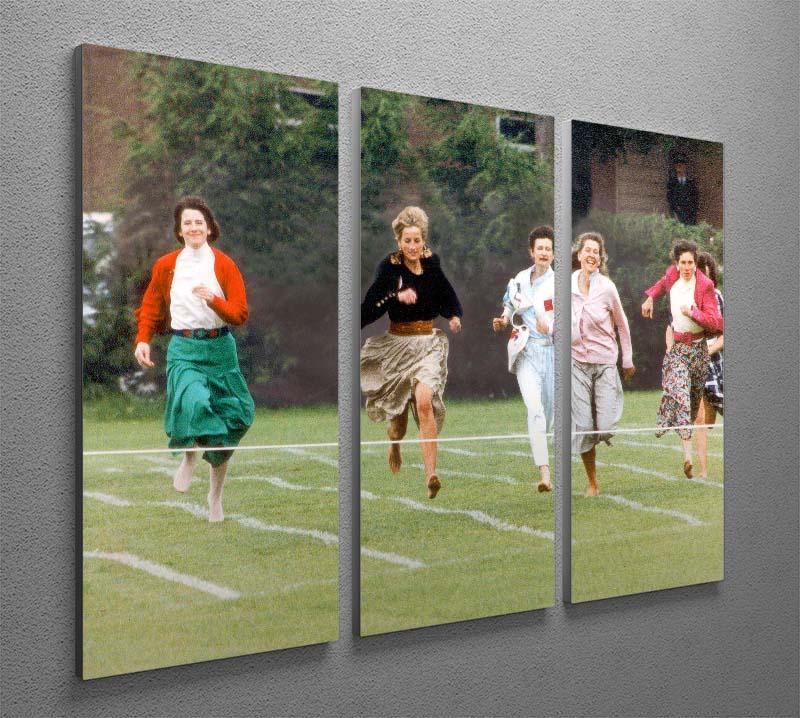 Three-panel canvas art featuring Princess Diana at Harry's school mothers race, showcasing elegance and nostalgia.