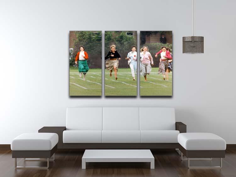 Three-panel canvas art featuring Princess Diana at Harry's school mothers race, showcasing elegance and nostalgia.