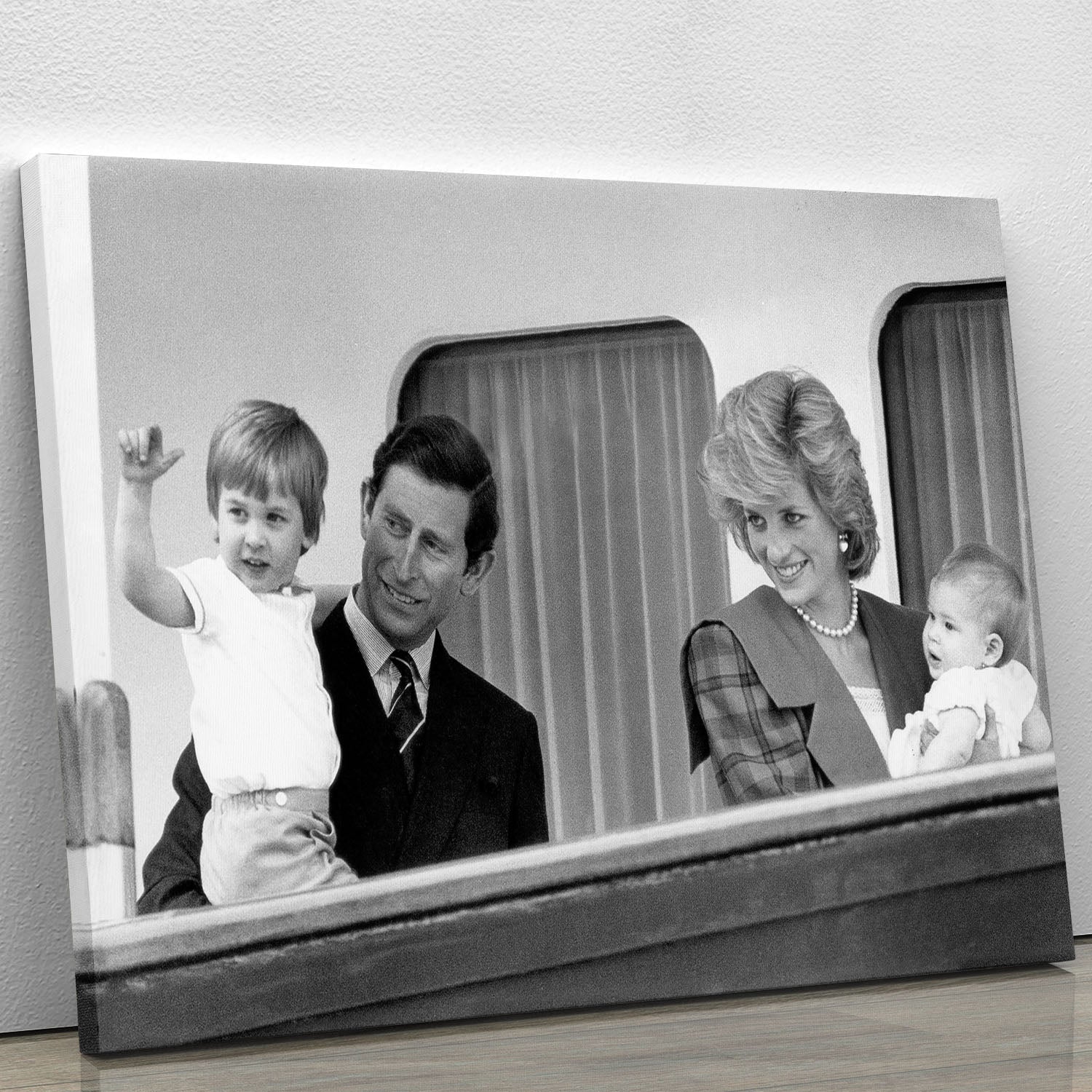 Canvas art featuring Princess Diana with family on the Royal Yacht Britannia, showcasing royal elegance and historical significance.