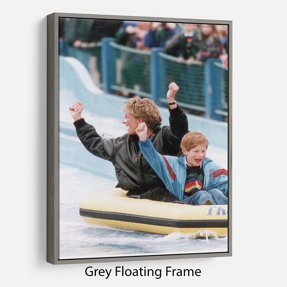 Floating Frame Canvas featuring Princess Diana and Prince Harry on a water ride, showcasing vibrant colors and elegant design.