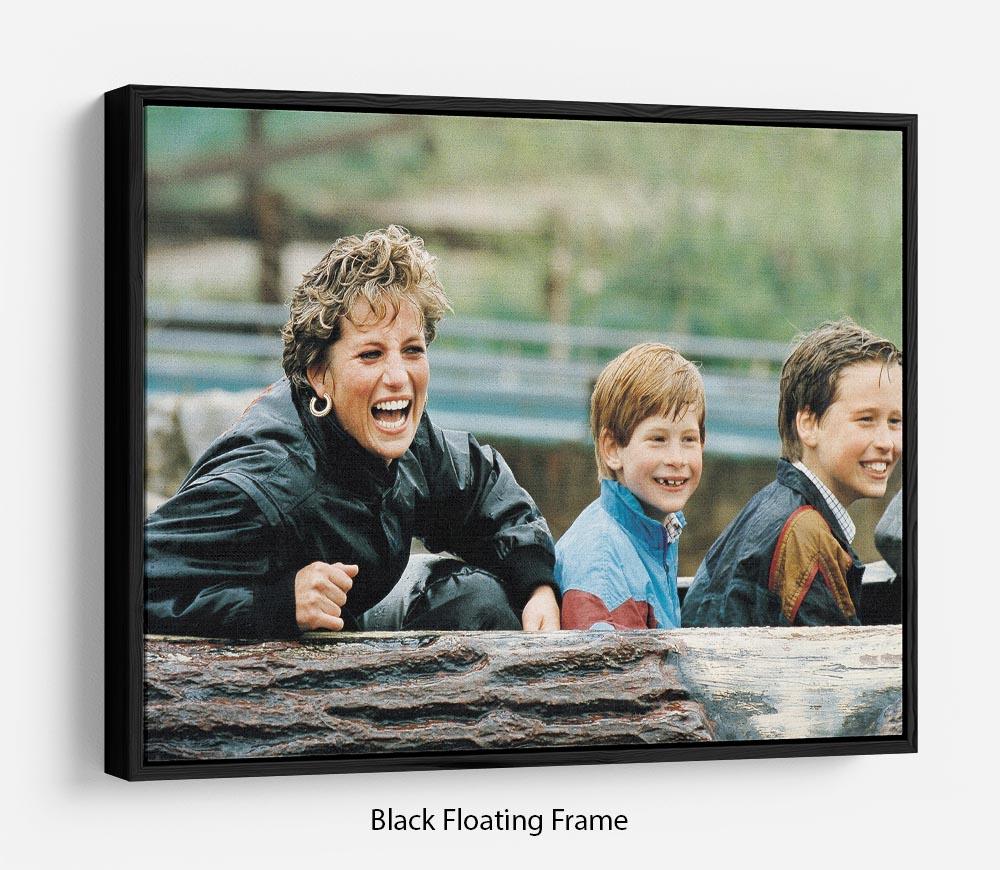 Floating frame featuring Princess Diana with Prince William and Prince Harry, showcasing vibrant abstract art.