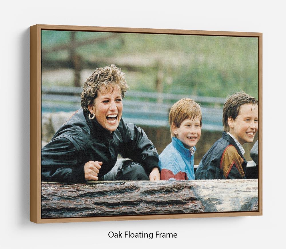 Floating frame featuring Princess Diana with Prince William and Prince Harry, showcasing vibrant abstract art.