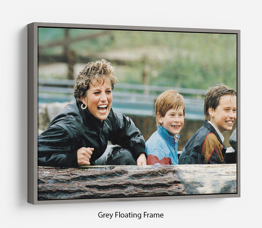Floating frame featuring Princess Diana with Prince William and Prince Harry, showcasing vibrant abstract art.