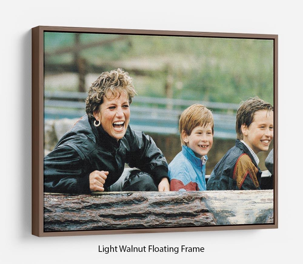 Floating frame featuring Princess Diana with Prince William and Prince Harry, showcasing vibrant abstract art.