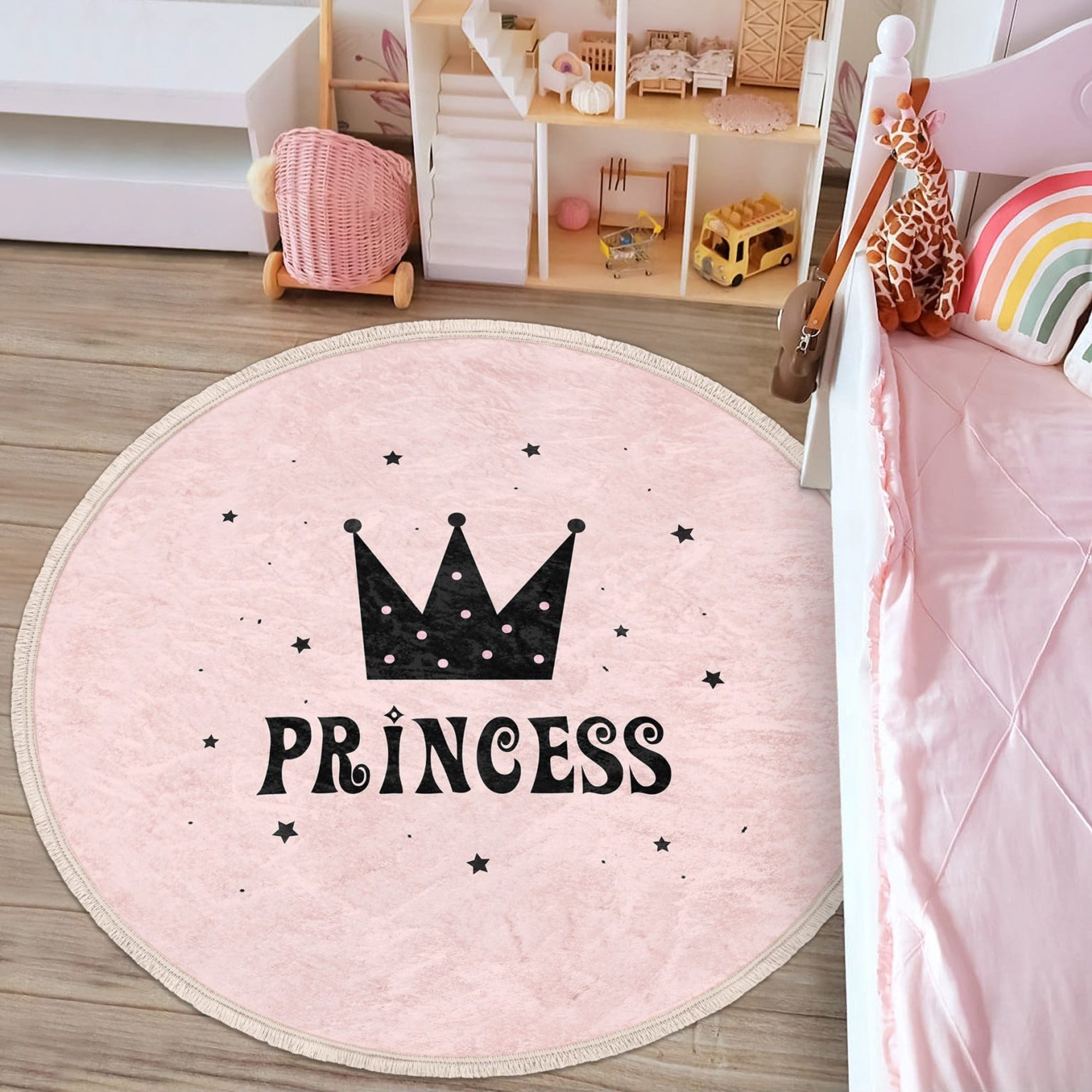 Princess Girls Room Round Rug featuring a vibrant princess pattern, perfect for nurseries and children's rooms, with a soft velvet texture.