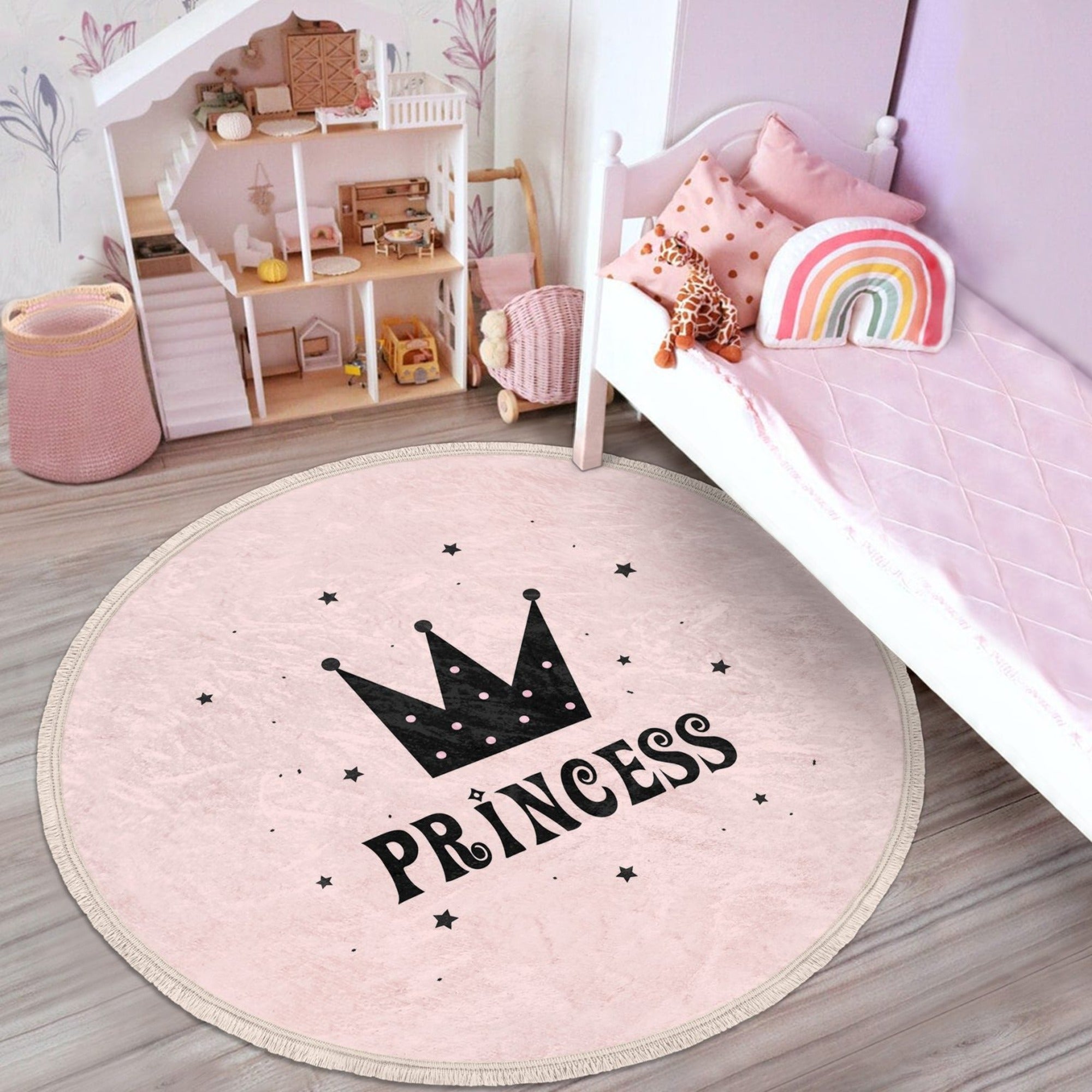 Princess Girls Room Round Rug featuring a vibrant princess pattern, perfect for nurseries and children's rooms, with a soft velvet texture.