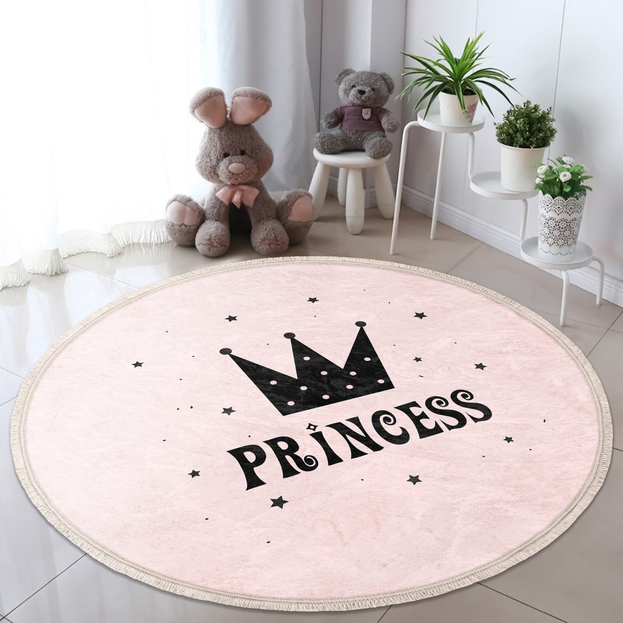 Princess Girls Room Round Rug featuring a vibrant princess pattern, perfect for nurseries and children's rooms, with a soft velvet texture.
