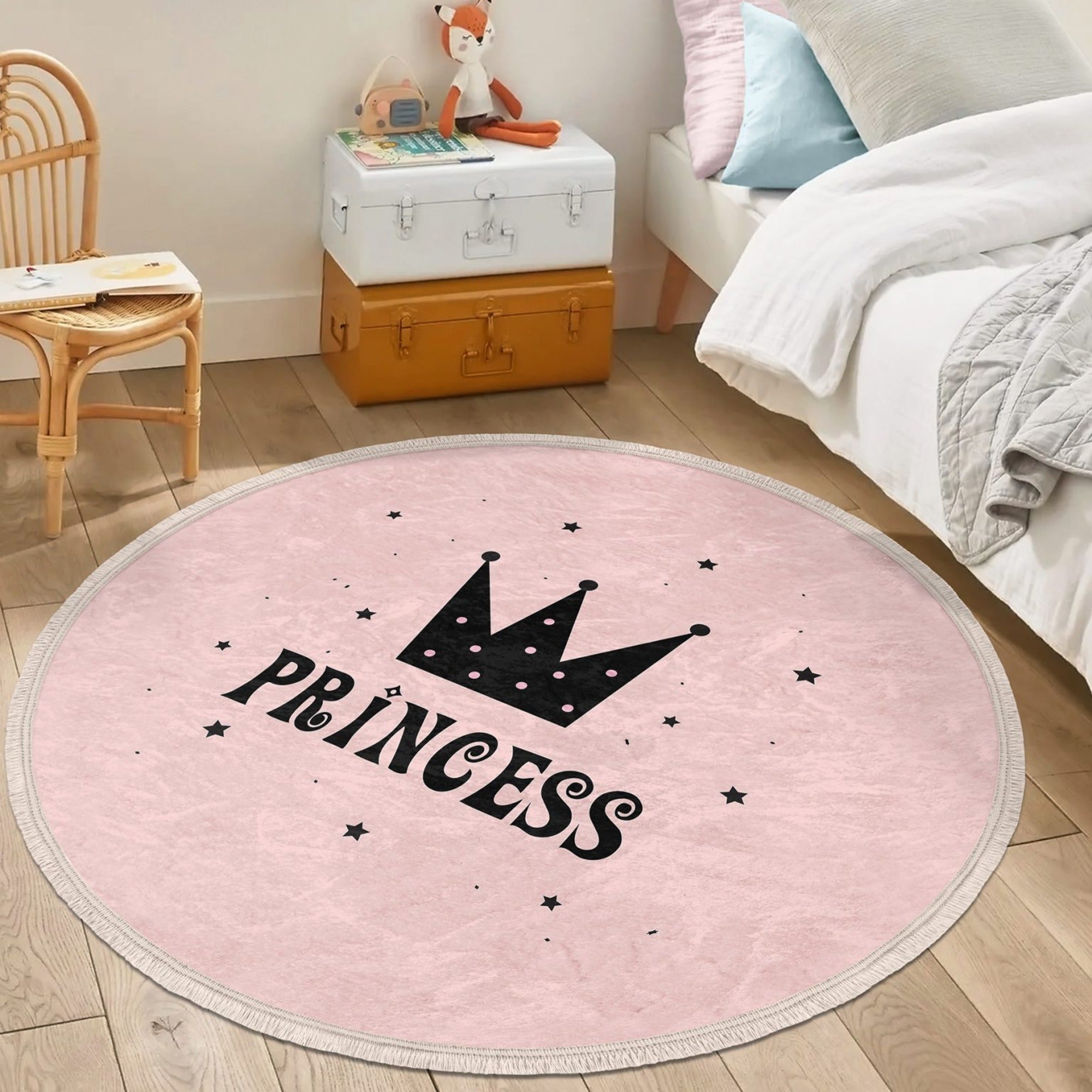 Princess Girls Room Round Rug featuring a vibrant princess pattern, perfect for nurseries and children's rooms, with a soft velvet texture.