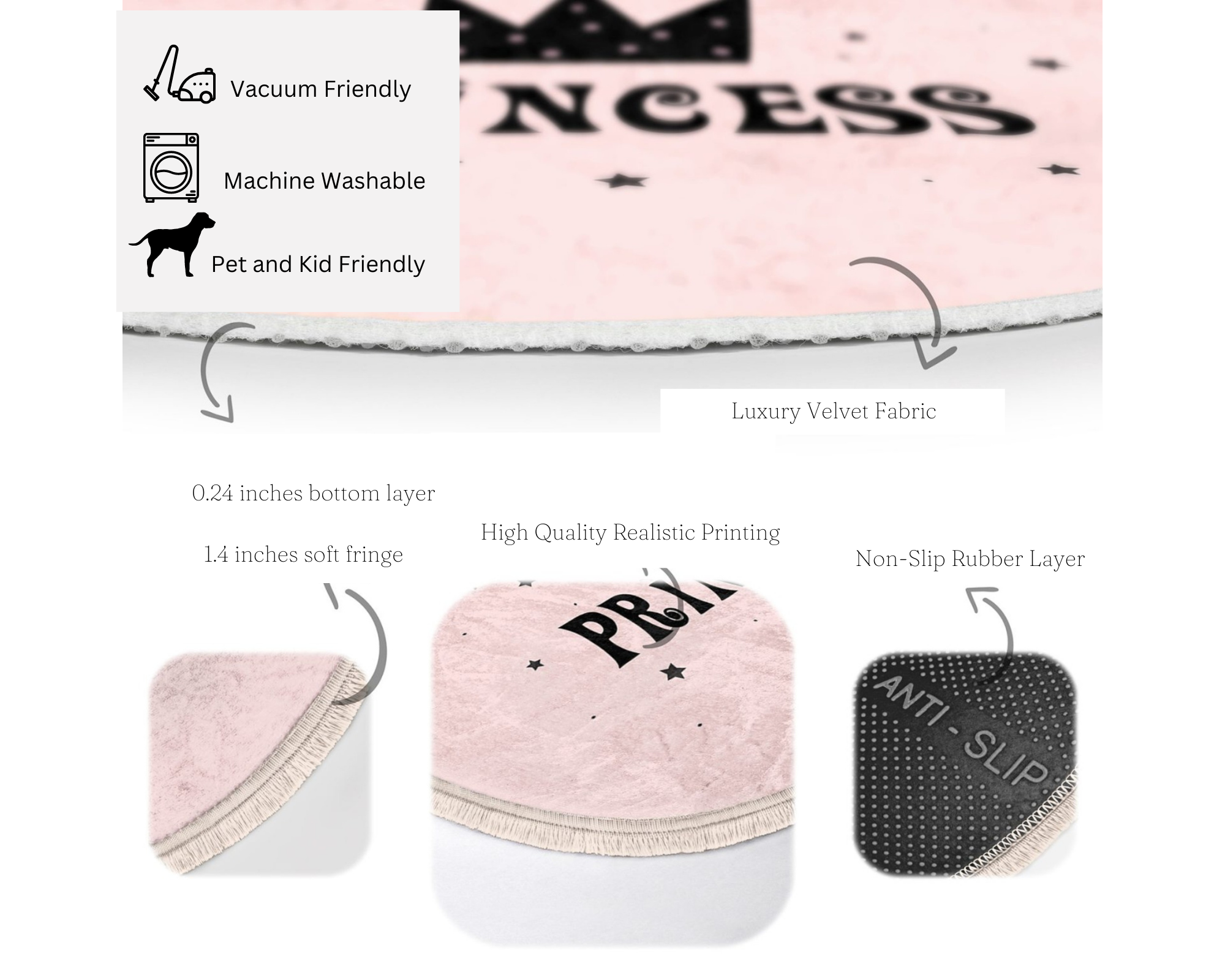 Princess Girls Room Round Rug featuring a vibrant princess pattern, perfect for nurseries and children's rooms, with a soft velvet texture.