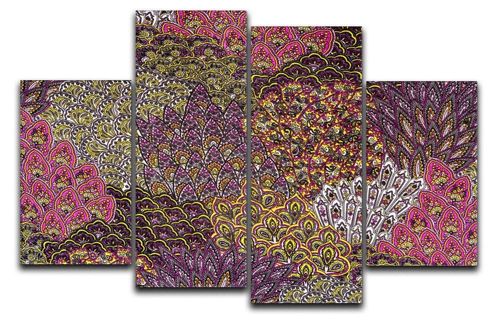 A vibrant 4-split canvas artwork featuring striped feathers in various colors, designed to create a dynamic and modern aesthetic for home decor.