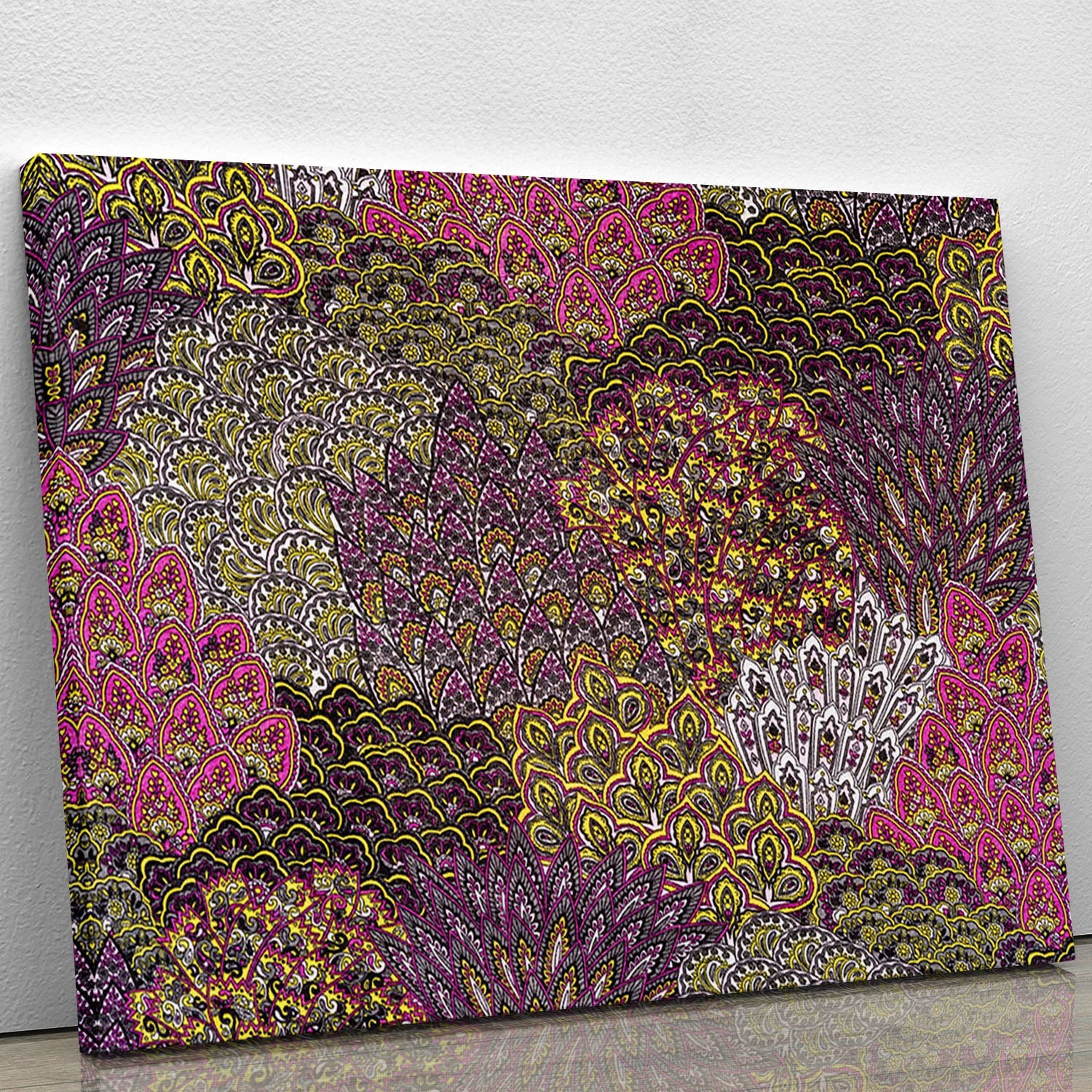 A vibrant canvas print featuring striped feathers in various colors, perfect for home decor.