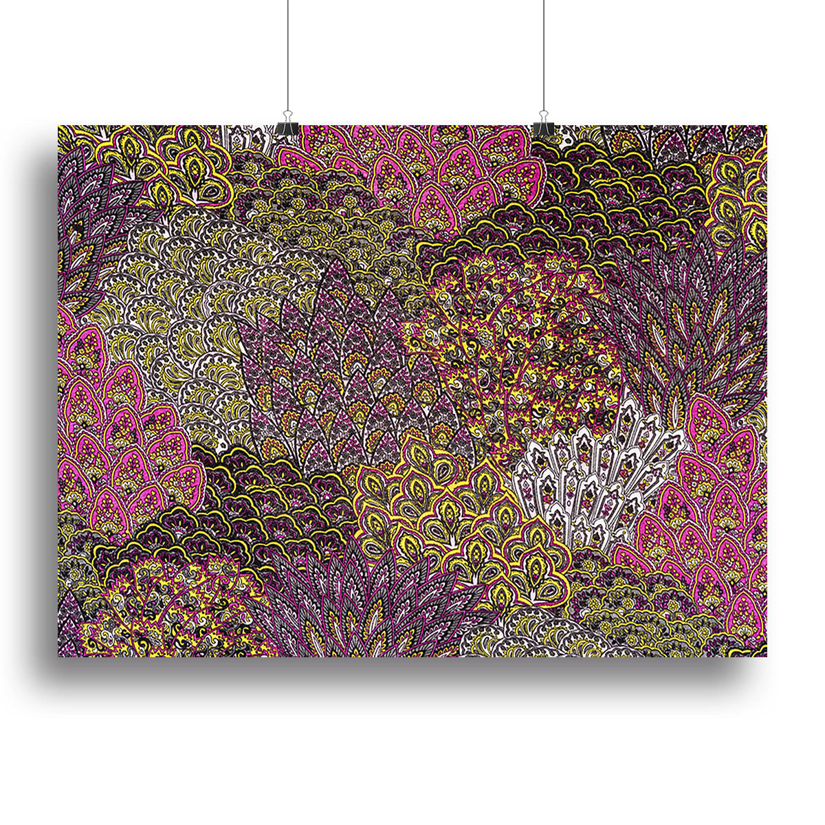 A vibrant canvas print featuring striped feathers in various colors, perfect for home decor.