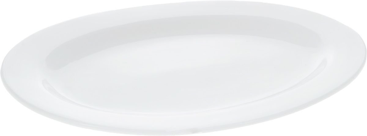 A 14-inch white oval platter with a rolled rim, made of fine porcelain, ideal for elegant dining presentations.