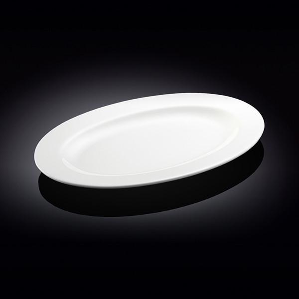 A 14-inch white oval platter with a rolled rim, made of fine porcelain, ideal for elegant dining presentations.